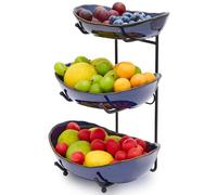 DUJUST 3 Tier Fruit Bowl, Kiln Altered Glaze Ceramic Fruit Stand, Stackable & Easy to Store, Multifunctional Serving Tray for Fruit/Vegetables/Snacks, Microwave & Dishwasher Safe - Dark Blue