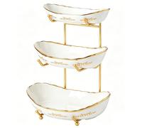 DUJUST 3 Tier Fruit Bowl, Luxury Ceramic Fruit Stand with Gold Scrollwork, Stackable & Easy to Store, Multifunctional Serving Tray for Fruit/Vegetables/Snacks - White Gold