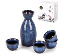 DUJUST 5 pcs Japanese Sake Set, Kiln Altered Glaze Porcelain Sake Set, 1 Bottle, 4 Cups & 1 Gift Box, Warm Carafe, Special Japanese Gift Set - darkblue