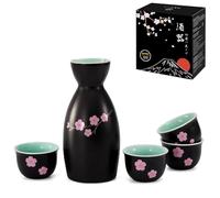 DUJUST 5 pcs Japanese Sake Set, Traditional Sakura Design Sake Serving Set, 1 Sake Bottle with 4 Sake Cups, Japanese Style Sake Set for Home/Party, Ideal Japanese Gifts for Sake Lovers - Black