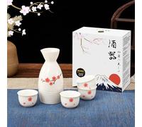 DUJUST 5 pcs Japanese Sake Set, Traditional Sakura Design Sake Serving Set, 1 Sake Bottle with 4 Sake Cups, Japanese Style Sake Set for Home/Party, Ideal Japanese Gifts for Sake Lovers - White