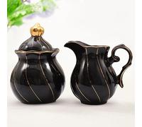 DUJUST Black Cream & Sugar Set, Luxury British Design in Golden Trims, 1 Sugar Bowl with Lid (12 OZ), 1 Creamer (8 OZ), Handcrafted Sugar Creamer Set, Decoration for Kitchen