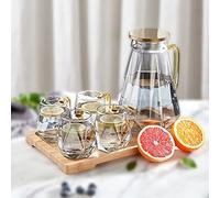 DUJUST Black Diamond Glass Pitcher with 4 Cups, 1 Tray, Elegant Design Water Pitcher with Handle, Decoration for Room, High Durability Water Glass Carafe for Ice Tea Pot, Beverage, Hot/Cold Coffee