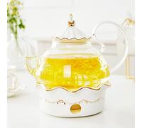 DUJUST Blooming Glass Teapot With Warmer, 1.2L Capacity, Removable Infuser for Loose Tea, Stovetop Safe, Luxury Design With Relief Decor & Gold Trims, Tea Gift