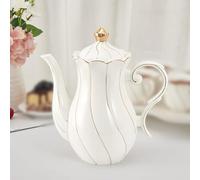 DUJUST British Style Porcelain Teapot (40oz), Luxury Ceramic Teapot with Golden Trim, Food Grade Tea Pot with Built-in Filter, for Tea Party & Home Décor - White