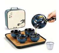DUJUST Chinese Gongfu Tea Set, Kiln Altered Glaze Porcelain Tea Set with 1 Teapot, 4 Tea Cups & 1 Tea Tray, Portable Japanese Tea Sets with Storage Bag for Travel, Gifting, Outdoor, Dark Blue