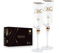 DUJUST Crystal Glass Wedding Champagne Flutes, Mr & Mrs Champagne Glasses with Handcrafted Gold Rim & Diamond Design, Square Bride and Groom Champagne Flutes, Valentine's Day Gift, Gift Package