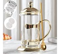 DUJUST Gold French Press Coffee Maker, Luxury Design Cafetiere 8 Cups, with 4-Level Filter System, High-Grade Glass for Hot & Cold Resistance, Include Long Size 304 Stainless Steel Spoon - 1L