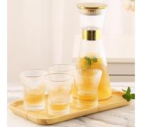 DUJUST Gold Ribbed Glass Carafe Set, 44oz Crystal Glass Carafe with Golden Lid, 4 Cups & Tray, Leak-Proof Silicone Seal
