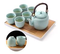 Dujust Japanese Tea Set, Cyan-Blue Porcelain Tea Set with 1 Teapot Set, 6 Tea Cups, 1 Tea Tray, 1 Stainless Infuser, Asian Tea Set for Tea Lover/Women/Men (Bamboo Inspiration - Straight Grain Design)