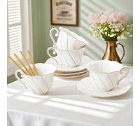 DUJUST Luxury Tea Cups and Saucers with Golden Trim, White Porcelain Tea Set of 4(7oz), British Style Coffee Cup Set, Beautiful Tea Set for Women, Tea Party Set, Gift Package - White