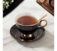 DUJUST Porcelain Tea Cup and Saucer Set with Spoon - Luxury Black British Style Modern Tea Set with Golden Trim, for Room Decoration & Tea Party - Black