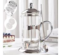 DUJUST Silver French Press Coffee Maker, Luxury Design Cafetiere 8 Cups, with 4-Level Filter System, High-Grade Glass for Hot & Cold Resistance, Include Long Size 304 Stainless Steel Spoon - 1L