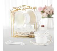 DUJUST Tea Cups and Saucers Set of 4 (200ml /7 OZ), Luxury Tea Cup Set with Golden Trim, Relief Printing Coffee Cups with Metal Stand, British Royal Porcelain Tea Party Set - White