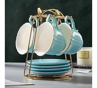 DUJUST Tea Cups and Saucers Set of 4 (8 OZ), Candy Color Tea Cup Set with Golden Trim, Petal Edge Coffee Cups with Metal Stand, Simple Style Porcelain Tea Party Set - Nile Blue