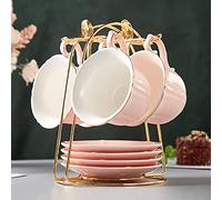 DUJUST Tea Cups and Saucers Set of 4 (8 OZ), Candy Color Tea Cup Set with Golden Trim, Petal Edge Coffee Cups with Metal Stand, Simple Style Porcelain Tea Party Set - Pink