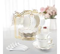 DUJUST Tea Cups and Saucers Set of 6 (200ml /7 OZ), Luxury Tea Cup Set with Golden Trim, Relief Printing Coffee Cups with Metal Stand, British Royal Porcelain Tea Party Set - White