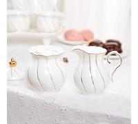 DUJUST White Cream & Sugar Set, Luxury British Design in Golden Trims, 1 Sugar Bowl with Lid (350ml), 1 Milk Jug (235ml), Handcrafted Sugar Creamer Set, Decoration for Kitchen