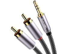 DuKabel Top Series Long RCA Cables (16 Feet / 5 Meters), RCA to 3.5mm 2-Male RCA to AUX Audio Cable Crystal-Nylon Braided/ 24K Gold Plated/ 99.99% 4N OFC Conductor