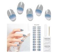 DUKASOU Semi-Cured Gel Nail Strips, 22 Pieces Real Nail Polish Stickers, Gel Nail Stickers, Decals, Long-Lasting Nail Polish Strips for Women and Girls(Blue and Silver)