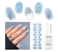 DUKASOU Semi Cured Gel Nail Strips No UV Light Needed, 22 PCS Gel Nail Stickers, Azure