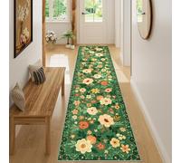 DUKINO 2x8 Runner Rug for Hallway, Washable Kitchen Runner Rug with Rubber Backing Non Slip, Low Pile Soft Boho Floral Thin Carpet for Entryway, Hallway, Bathroom, Laundry Room, Dark Green