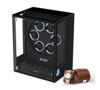 DUKWIN Automatic Watch Winder for 6 Watches with Fingerprint Lcok RGB Light Watch Winder with 6 Extra Storage Spaceand Brown Leather Watch Roll for 1