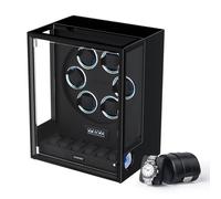 DUKWIN Automatic Watch Winder for 6 Watches with Fingerprint Lcok RGB Light Watch Winder with 6 Extra Storage Spaceand Black Leather Watch Roll for 1