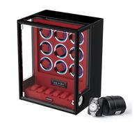 DUKWIN Automatic Watch Winder for 9 Watches with Fingerprint Lcok RGB Light Watch Winder with 6 Extra Storage Spaceand Black Leather Watch Roll for 1