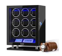 DUKWIN Watch Winder for 9 Watches Fingerprint Lock and Brown Leather Watch Roll for 1