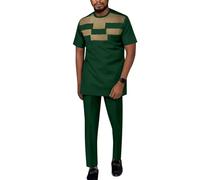 DULAI Slim Fit Men Africa Suit Short Sleeves Dashiki Shirt and Pants Ethnic 2 Piece Outfit Traditional Tracksuit Attire