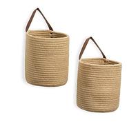 DULLEMELO Small Jute Hanging Basket 2 Pack - 7"D x 8"H, Woven Storage Basket With Leather Handle, Wall Decor Plants
