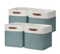 DULLEMELO Storage Bins, 4 Pack Of 13x13x13 Decorative Storage Cube Bins Suit Office, Home, Shelves And Closet, Stackale Gift Baskets Empty with Leather handle (White&Deep Green)