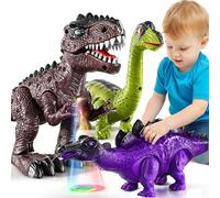 DULONIME 3 Pcs Electronic Walking Dinosaur Toys for Boys, Moving Dinosaurs | with Sound and Light, includes Tyrannosaurus, Brachiosaurus & Stegosaurus Figures, Birthday Gifts for Kids