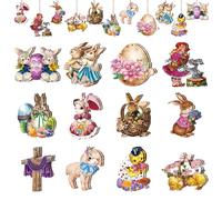 Dulov 24PCS Easter Wooden Hanging Ornaments - Bunny, Egg & Chick Decorations with Hemp Ropes for Easter Tree & Home Décor