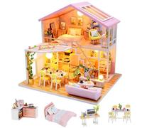 Dulsaera DIY Miniature Dollhouse Kit, Mini House Building Kit for Adults, Tiny House Making Kits with LED Light, Hobby Craft Christmas Decorations Birthday Gifts for Kids & Adults, Pink Villa