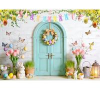 DULUDA 7x5 FT Easter Backdrop Kids Children Party Easter Decorations Blue Wooden Doors Brick Wall Bunny Rabbit Spring Photography Background Photo Studio Props