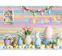 DULUDA 7x5 FT Easter Backdrop Spring Floral Bunny Kids Party Easter Decorations Colorful Eggs Rabbit Rusitc Colorful Wooden Wall Photography Background Photo Banner