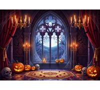 DULUDA 7x5 FT Halloween Gothic Castle Backdrop Pumpkin Vampire Medieval Gothic Window Red Curtain Bats Photography Background Haunted House Party Decor Photo Props