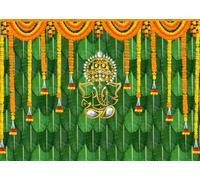 DULUDA 7x5 FT Pooja Backdrop Indian Ganpati Puja Traditional Chatiya Ganesh Mehndi Background Indian Decorations for Pooja Festival Wedding Party Marigold Garlands Photo Booth Props Banner