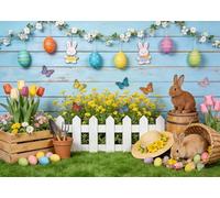 DULUDA 7x5 FT Spring Easter Backdrop Kids Children Party Easter Decorations Eggs Rabbit Grass Bunny Floral Blue Wooden Wall Colorful Photography Background Photo Banner Booth