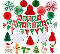 duludulu Merry Christmas Banners Decorations, 22pcs Paper Christmas Ceiling Party Decorations Indoor Hanging Honeycomb Pack Reusable Outdoor Xmas Bunting Decor Set