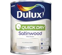 Dulux Non Drip Quick Dry Satinwood Paint Easy to Apply Water Based Mid Sheen Low Odour Touch Dry in 1 Hour Non Yellowing Durable For Interior Wood Metal Finish Pure Brilliant White 750ml