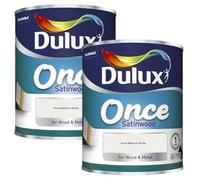 Dulux Once Satinwood Paint | Ideal For Wood And Metal | Pure Brilliant White 5 Litre | 2 x 2.5L Tins