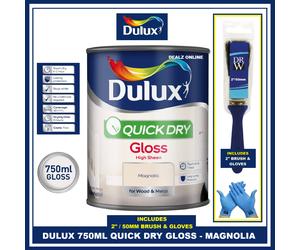 Dulux Quick Dry White Cotton 750ML Gloss Paint Wood Metal FREE BRUSH & GLOVES