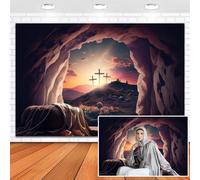Duluxykl Easter Jesus Christ Cross Backdrop 10x8ft Vinyl Resurrection of Jesus He is Risen Empty Tomb Shroud Three Crucifixion Mountain Sunset Background Religious Belief Photography Props
