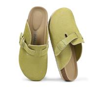 Dumalum Women's Suede Clog Leather Mules Arch Support Potato Shoes with Comfort Cork Footbed - Clogs for Women Men Unisex Antislip Slippers Sandals, Lime Green, 12 Women/11 Men