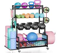Dumbbell Rack,Home Gym Storage Rack,Total Weight Capacity 490 lbs,Weight Rack with Wheels/Strength Training Equipment Storage Rack with Hooks,Stores Dumbbells,Kettlebells,Yoga Mats