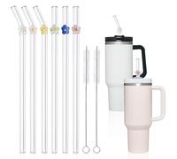 DUMING-IN 6 Pack Replacement Glass Straws for Stanley 40 oz 30 oz Tumbler, Cute Flower Glass Straws with Charms, Stanley Straw with Cleaning Brush Stanley Cup Accessories
