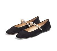 Dumjey Flats for Women, Black Square Toe Mary Jane Ballet Flats with Pearl Strap, Comfortable Slip On for Wedding, Bride, Party, Black, 3 UK